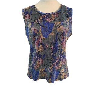 Vtg Plisse Pleated Floral Tank Top L Blue Purple Art Abstract Boho Festival